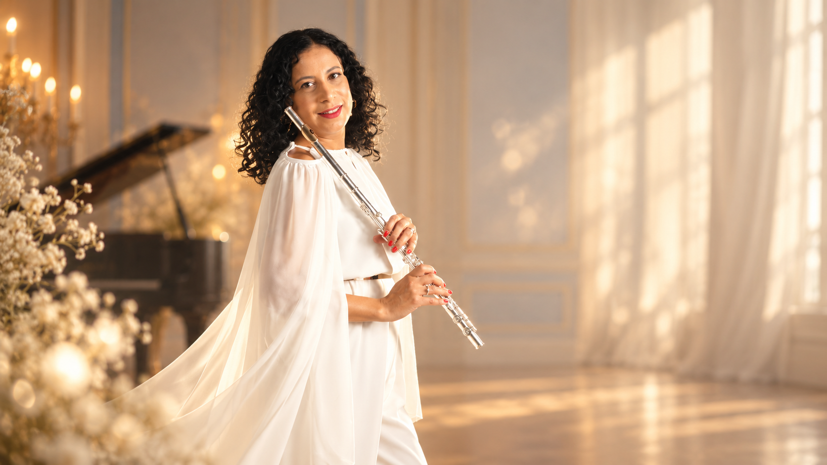 Cecília Ramos tocando flauta sob luz dourada