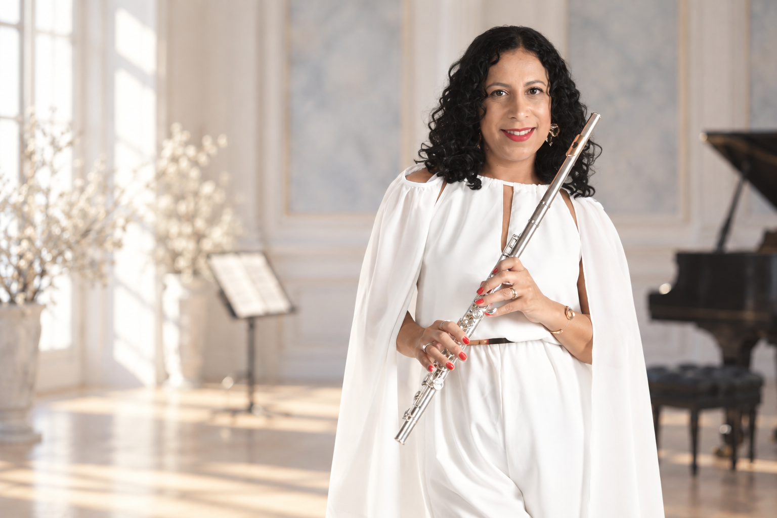 Cecília Ramos junto ao piano com sua flauta